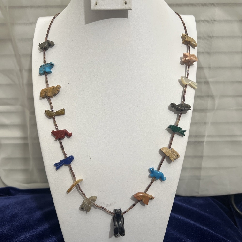 Native American, Animals, Hand Carved Stones, Beaded Necklace - Extra‎ Long 28"